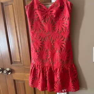 MICHAEL Michael Kors Red Floral Lace Dress with Ruffle Hem